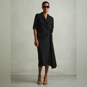 Reiss Black Whitney Wrap Front Twist Detail Midi Dress